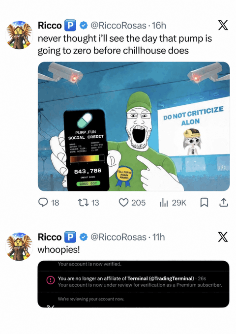 Two posts from Twitter user @RiccoRosas about crypto, featuring meme imagery including 'PUMP.FUN SOCIAL CREDIT' and an account verification notice from Terminal (@TradingTerminal).