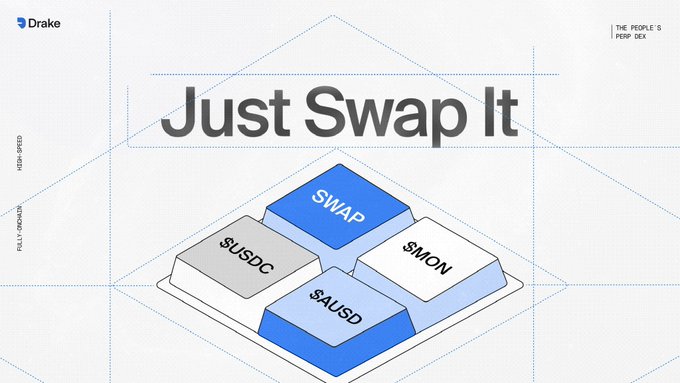 A promotional graphic for Drake DEX featuring 'Just Swap It' with keyboard keys labeled SWAP, $USDC, $MON, and $AUSDC, tagged as 'THE PEOPLE'S PERP DEX'.