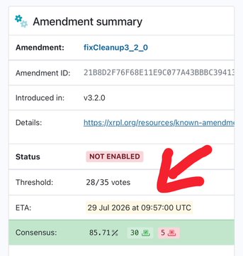 The image shows the "Amendment summary" for "fixCleanup3_2_0" which was introduced in XRP Ledger version v3.2.0. The status is "NOT ENABLED", with an ETA of 29 Jul 2026, indicating that the proposed amendment has not yet been activated for nodes running older versions.