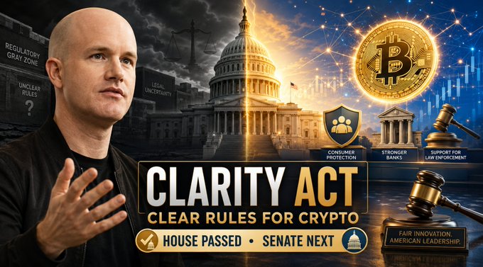 A YouTube-style thumbnail featuring a bald man with the text 'CLARITY ACT: CLEAR RULES FOR CRYPTO,' showing the US Capitol, scales of justice, and a Bitcoin coin with 'HOUSE PASSED • SENATE NEXT.'