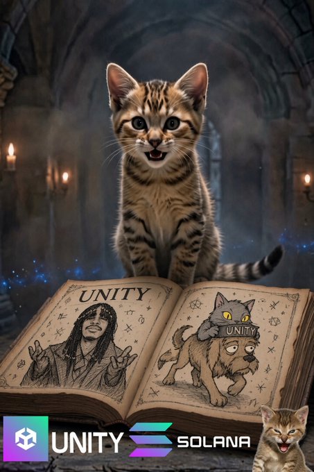A fantasy-style image showing a tabby kitten sitting behind an open spellbook with 'UNITY' written on it; one page shows a wizard and the other a cat with a 'UNITY' hat, with logos for 'UNITY' and 'SOLANA' at the bottom.
