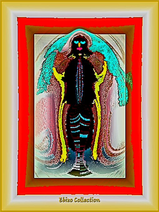 A framed, colorful abstract or folk-art style painting featuring a stylized figure with wings, labeled 'Ebizo Collection' at the bottom.