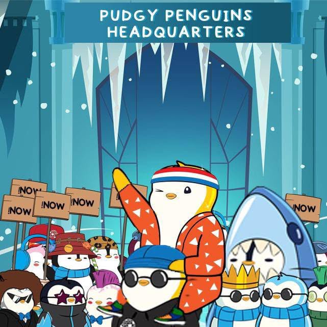 An illustration featuring cartoon penguins at 'PUDGY PENGUINS HEADQUARTERS' in an icy setting, holding 'NOW' signs.