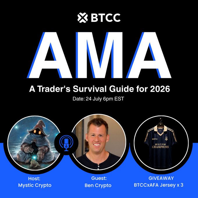 This image is a promotional graphic for a BTCC AMA (Ask Me Anything) event titled "A Trader's Survival Guide for 2026," scheduled for 24 July at 6pm EST, featuring host Mystic Crypto and guest Ben Crypto, with a giveaway of three BTCCxAFA Jerseys. The accompanying post "Start in 30m get ready" serves as a timely reminder that the event is about to begin in 30 minutes.