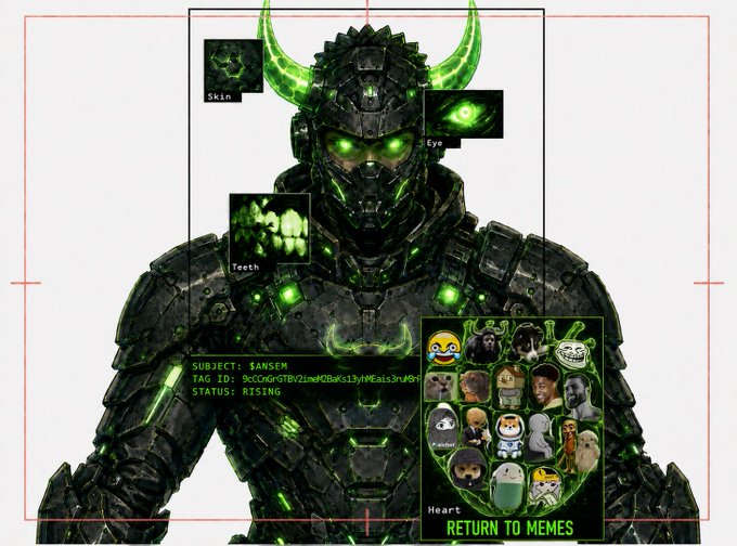 Sci-fi styled character design featuring a dark armored figure with glowing green horns and eyes, labeled with anatomical callouts (Skin, Eye, Teeth) and a 'RETURN TO MEMES' panel showing various meme faces.