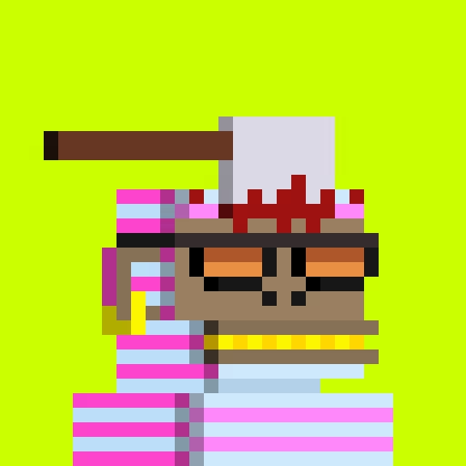 A pixel art character wearing a striped outfit and a hat, holding what appears to be a brown object, set against a bright yellow-green background.