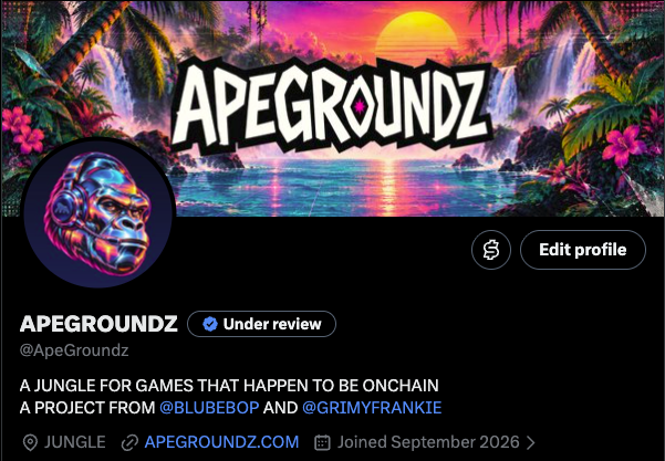 A social media profile for 'APEGROUNDZ' (@ApeGroundz) featuring a vibrant retro-futuristic tropical banner with the tagline 'A JUNGLE FOR GAMES THAT HAPPEN TO BE ONCHAIN' and crediting @flubebop and @GRIMYFRANKIE.