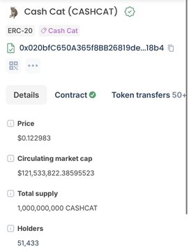 The image displays Cash Cat (CASHCAT) token details on Etherscan, showing a price of $0.122983, a circulating market cap of $121,533,822.38, a total supply of 1,000,000,000 CASHCAT, and 51,433 holders. This supports the post's claim of 50,000+ holders crossing a milestone while highlighting the token's growing presence in the Robinhood memecoin ecosystem.