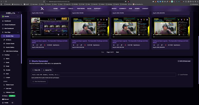 A screenshot of the Helix website dashboard displays a dark-themed interface with various content thumbnails, a left sidebar menu including "Studio Clips," and a "Shorts Generation" panel at the bottom.