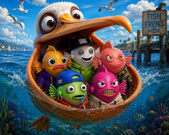 A vibrant, surreal digital illustration showing a group of anthropomorphic fish characters piled inside a giant open pelican beak, with several wearing 'FISH FRENS' hats, sailing over an ocean with a 'FISH FRENS' wooden sign on a pier in the background.