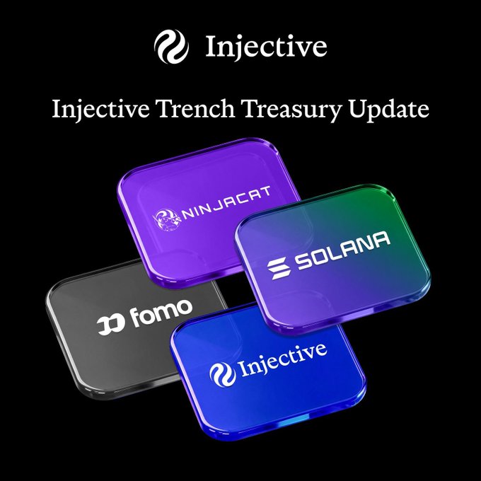 An Injective promotional graphic titled 'Injective Trench Treasury Update' featuring glossy 3D blocks branded with Ninjacart, Solana, Fomo, and Injective logos.