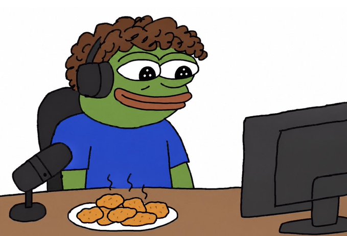 A cartoon illustration of a green frog character wearing headphones and a blue shirt, sitting at a desk with a microphone, monitor, and a plate of fried food.