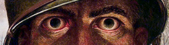 A distorted, surreal image showing two elongated, eye-like shapes with red rims against a dark, wood-grain textured background.
