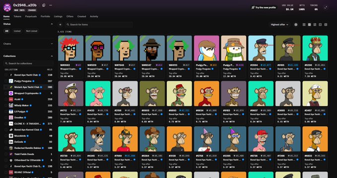 A screenshot of an NFT marketplace displaying a large collection of "Bored Ape Yacht Club" and "Mutant Ape Yacht Club" profile pictures in a grid layout.