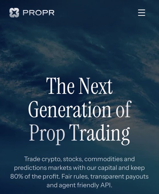 The image shows a website for Propr, which is an online marketplace that allows users to invest in cryptocurrency trading. The website features a blue background with white text, providing information about the next generation of prop trading and its potential benefits. It also highlights the importance of understanding the numbers behind the opportunity and mentions Hyperliquid as one of the interesting point-farming opportunities available on Propr.