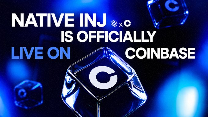 A promotional graphic with blue lighting and ice cubes bearing a 'C' logo, displaying the text: 'NATIVE INJ IS OFFICIALLY LIVE ON COINBASE'.