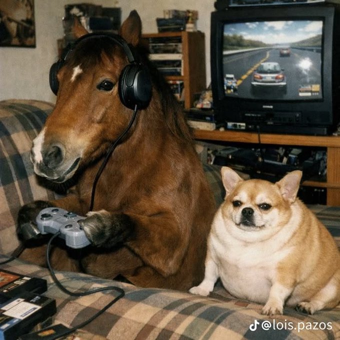 A humorous photo shows a horse wearing headphones and holding a PlayStation controller while playing a racing game, accompanied by a French bulldog sitting beside it.