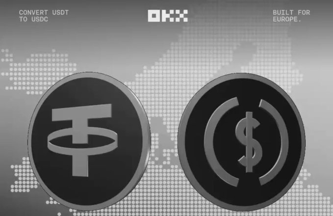The image shows an OKX promotional graphic featuring the OKX logo at the top with text reading "CONVERT USDT TO USDC" on the left and "BUILT FOR EUROPE." on the right, displayed against a dotted world map background. Two large coin illustrations are featured—a Tether (USDT) coin on the left and a USDC coin on the right—visually representing OKX's one-way USDT to MiCA-compliant USDC conversion offering for European users.