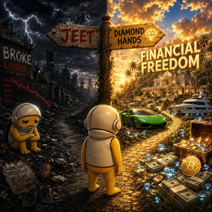 A split-image illustration contrasting two paths: the left side 'JEET' shows a crying astronaut in a dark, stormy ruin with a downward chart, while the right side 'DIAMOND HANDS / FINANCIAL FREEDOM' shows an astronaut facing a mansion, sports car, yacht, and treasure.