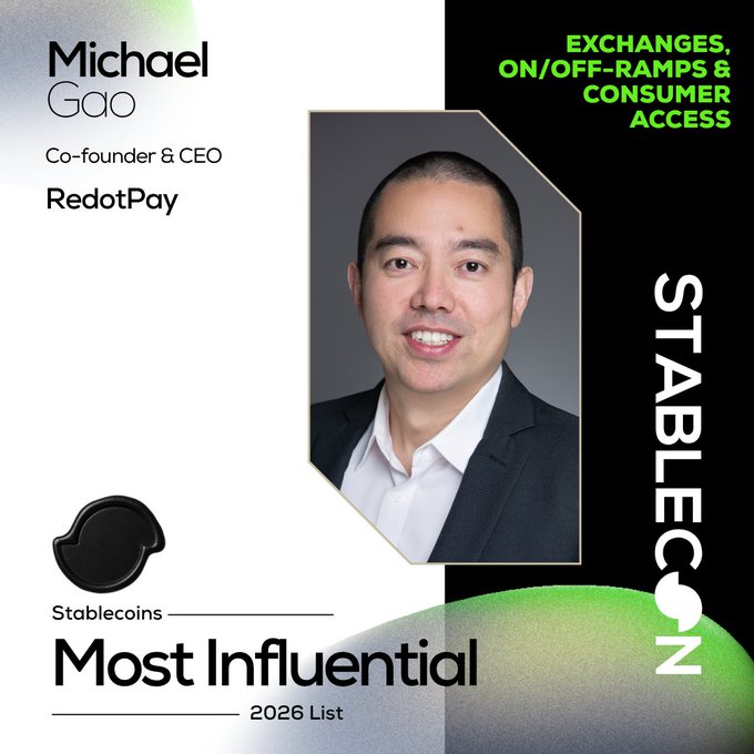 The image is a promotional graphic featuring Michael Gao, Co-founder & CEO of RedotPay, with the header "Exchanges, On/Off-Ramps & Consumer Access." It honors his inclusion on the "Stablecoins Most Influential 2026 List," aligning with Stablecon's recognition of leaders shaping global stablecoin payments.