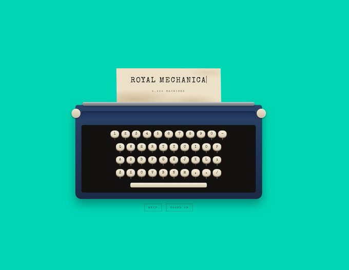 A stylized illustration of a navy blue typewriter on a teal background with a paper reading "ROYAL MECHANICA," visually representing the brand's name for a promotional giveaway of 5 GTD spots tied to the Royal Mechanica NFT project launching on Robinhood.