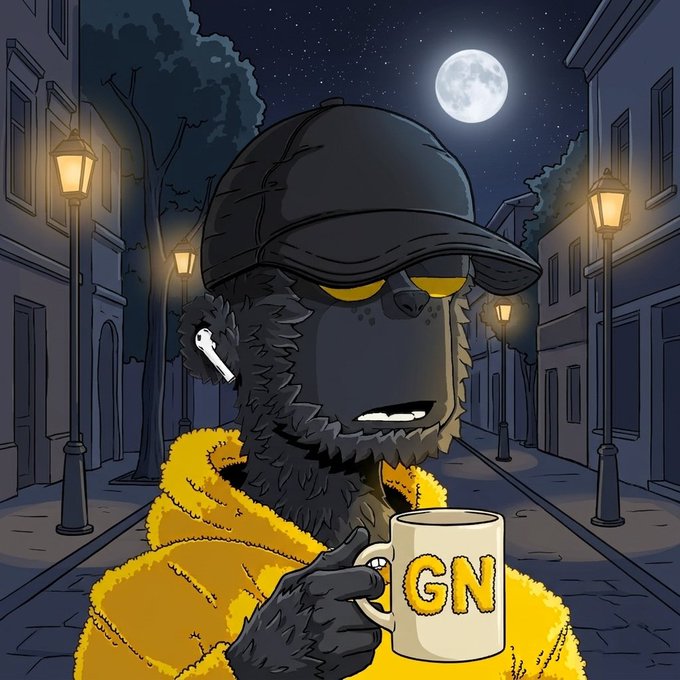 A cartoon illustration of a black anthropomorphic character wearing a cap and yellow jacket, holding a mug labeled 'GN' against a nighttime city street backdrop with a full moon.