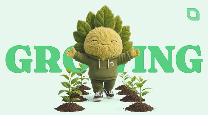 An illustration features a smiling, plant-like mascot character in a green hoodie standing between small sprouts, with the word 'GROWING' displayed in large green letters across the background.