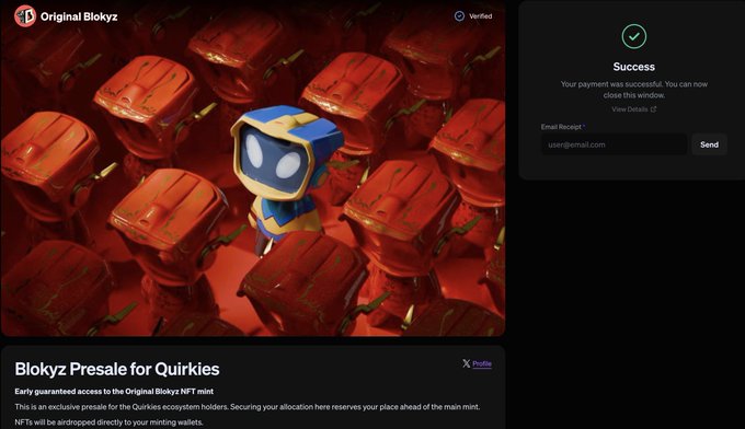 A webpage screenshot for 'Blokyz Presale for Quirkies' showing a 3D-rendered blue hooded character surrounded by red chests, with a success modal indicating payment was successful and a prompt to enter an email receipt.