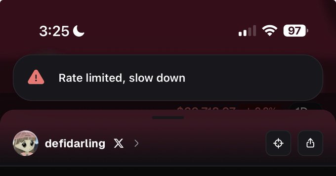 A smartphone screenshot at 3:25 AM shows a "Rate limited, slow down" warning alert from PumpFun above a user profile labeled "defidarling," visually explaining the user's post about being told to slow down on the platform.