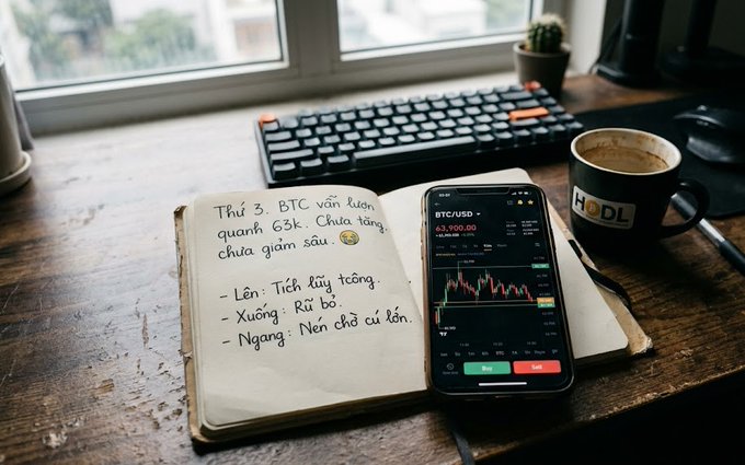 A wooden desk holds an open notebook with handwritten Vietnamese text discussing BTC at 63k and trading advice, alongside a smartphone displaying the BTC/USD chart at $63,900, with a keyboard and coffee mug in the background.