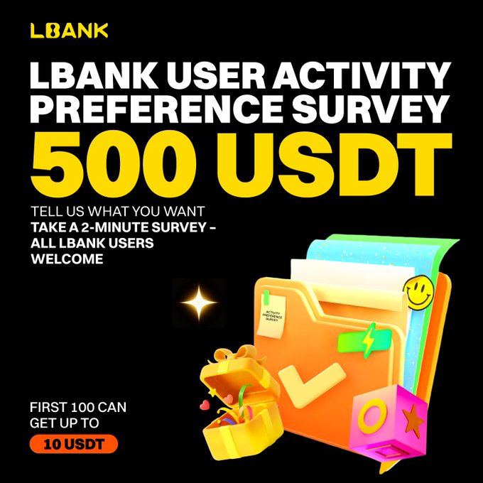 An LBANK promotional graphic advertising a "User Activity Preference Survey" offering a 500 USDT prize pool, with the first 100 participants eligible for up to 10 USDT, featuring a vibrant 3D folder illustration with a smiley face and star icon that visually reinforces the survey/feedback theme of the post.