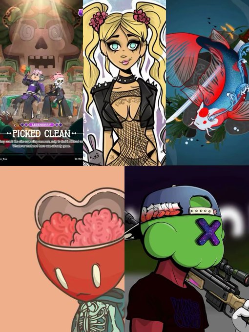 The image is a collage of five different NFT artworks featuring colorful, stylized cartoon characters including skulls, anime-style figures, koi fish, brain creatures, and a soldier, showcasing the diverse NFT collection that the collector appreciates for the personal engagement from its founders.