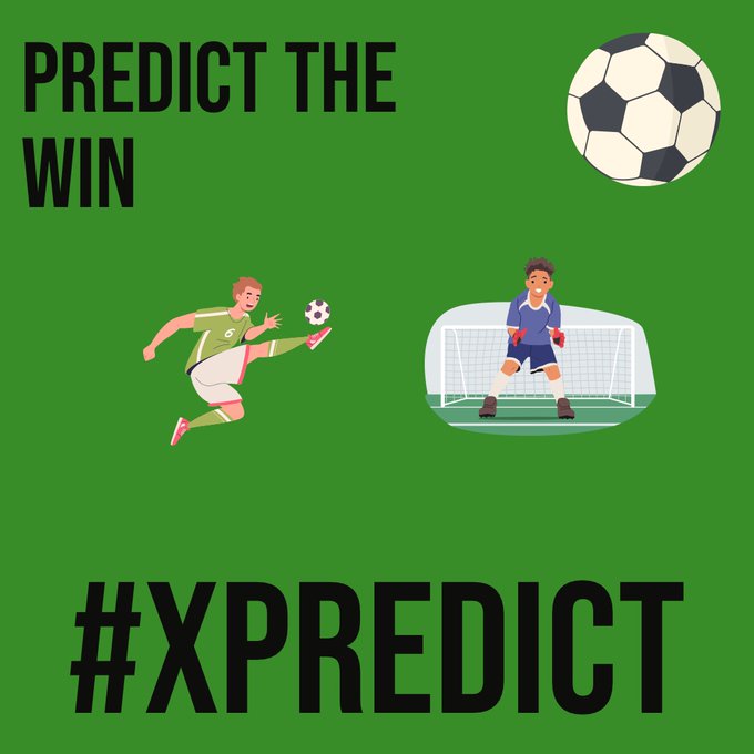 A green graphic showing the text 'PREDICT THE WIN' and '#XPREDICT' alongside illustrations of a soccer player kicking a ball, a goalkeeper in front of a net, and a soccer ball.