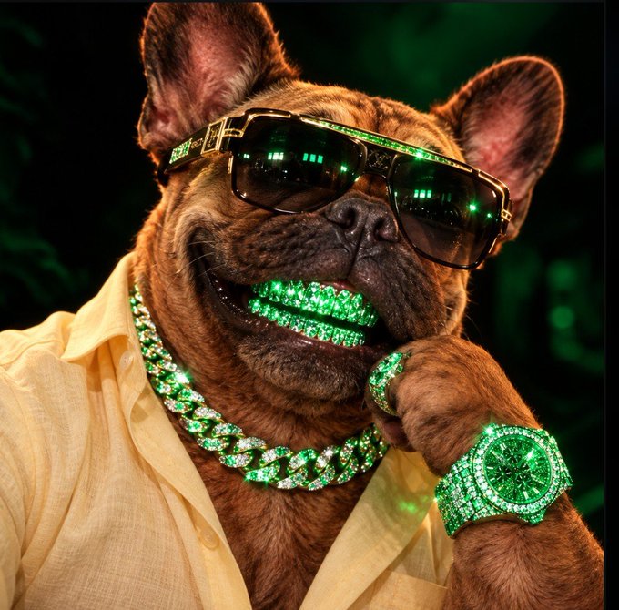 A French bulldog is styled with flashy green diamond-encrusted sunglasses, grillz, chain, and watch, posing with a paw on its chin.