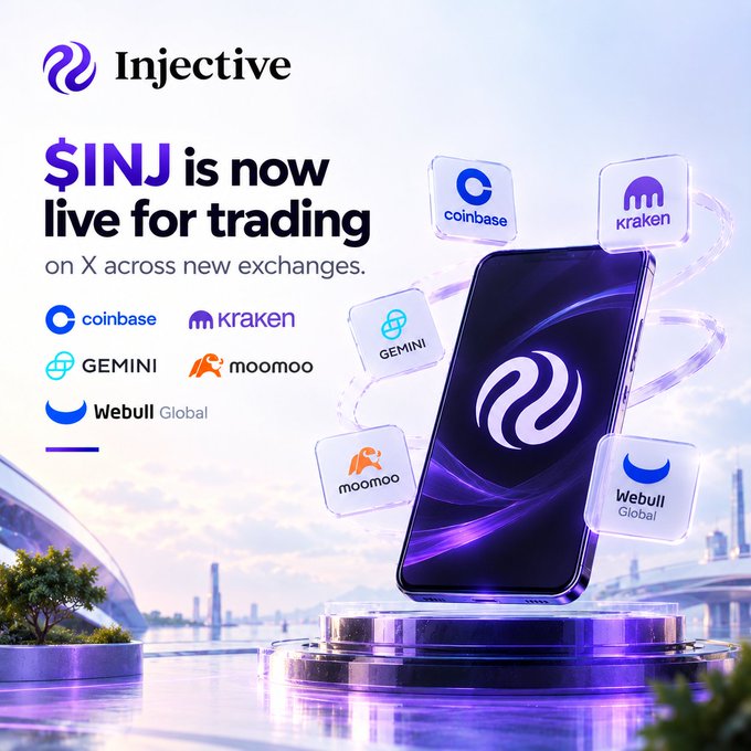 An Injective promotional graphic announcing that '$INJ is now live for trading' on exchanges including Coinbase, Kraken, Gemini, moomoo, and Webull Global.