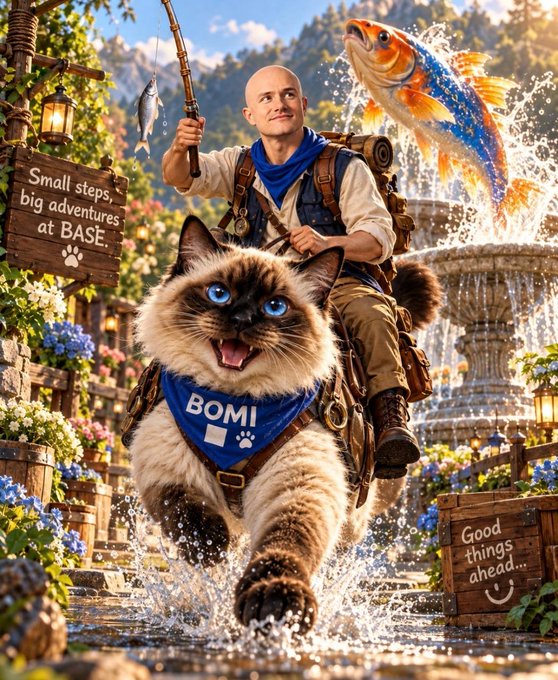 A digital illustration shows a bald man with a fishing rod riding a large fluffy cat wearing a blue 'BOMI' bandana, chasing a giant leaping fish past a sign reading 'Small steps, big adventures at BASE.'