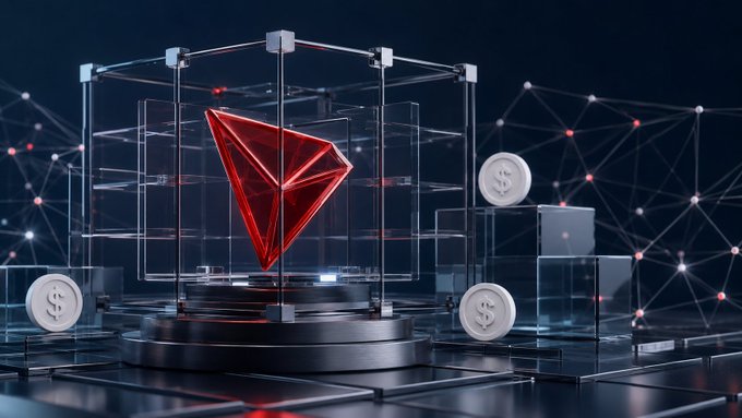 A 3D rendering of a red Tron (TRX) cryptocurrency logo encased in a glass cube on a pedestal, surrounded by floating dollar coins against a dark background with a network pattern.