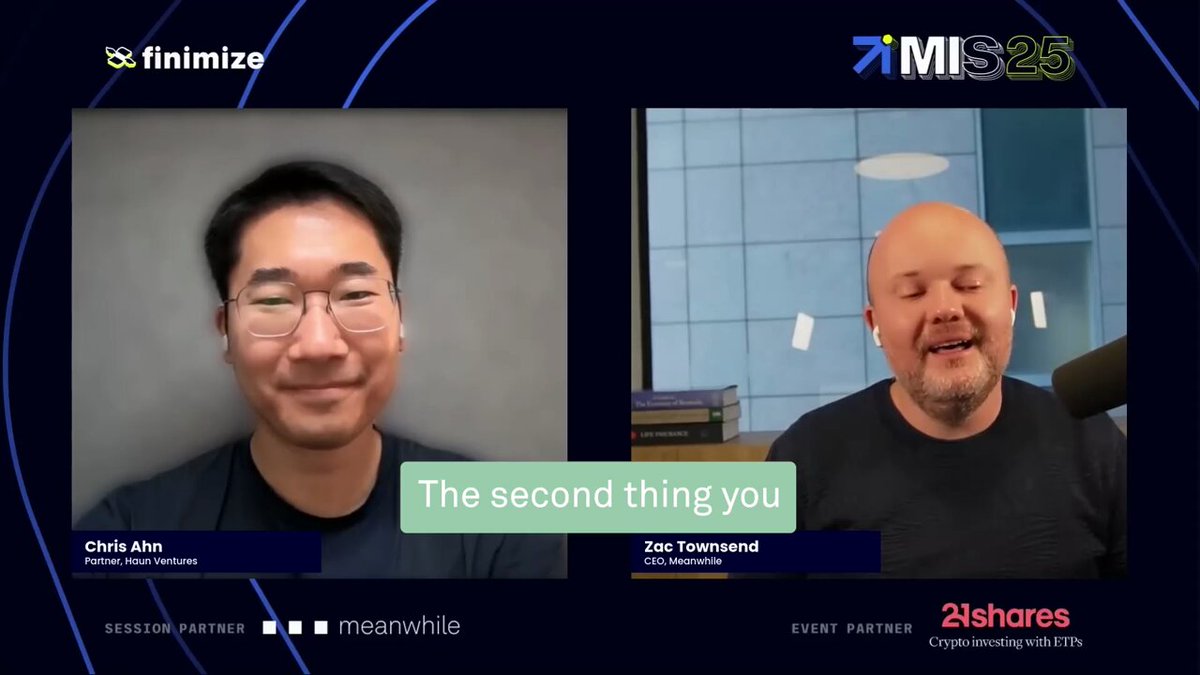 The image shows two men sitting behind microphones, with one man wearing glasses and smiling at the camera while the other man has his mouth open as if he's speaking or laughing. The text above them reads "The second thing you do", which is likely a part of their conversation about yield stories in cryptocurrency trading.