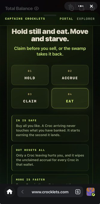 Screenshot of the Crocklets website showing a dark green interface with the heading 'Hold still and eat. Move and starve.' and a claim before you sell warning, with four numbered options: HOLD, ACCRUE, CLAIM, EAT.