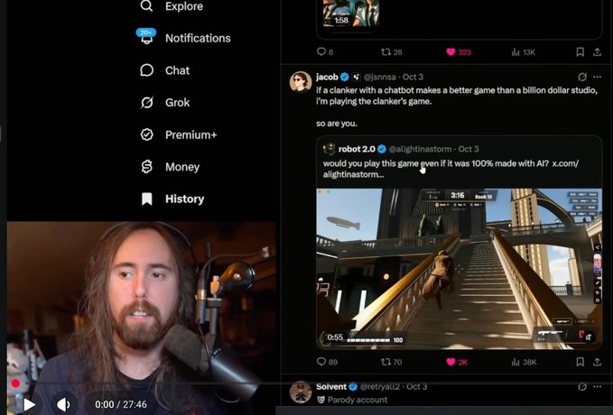 A screenshot of a social media app (X/Twitter) with a video of a long-haired streamer playing, alongside a thread where 'robot 2.0' (@alightinstorm) posts about a game made with AI.