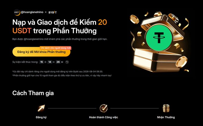 This image advertises a Bybit event where new users can earn 20 USDT by depositing and trading, with a countdown timer showing the event ends in 15 days, 14 hours, and 26 minutes. The visual prominently features the USDT logo within an open gift box, reinforcing the reward aspect of the promotion.