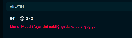 A score update graphic shows "ANLATIM" at the 84th minute with the score at 2-2, featuring text reading "Lionel Messi (Arjantin) çektiği sutla kalecıyı geçıyor" (Lionel Messi of Argentina scores past the goalkeeper). The post "Lan!" appears to express excitement over Messi's goal during this tightly contested match.