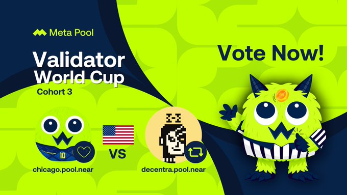 The image features a cartoon character, likely a monster or a troll, standing against a green background with white text. The text includes the words "Vote Now!" and "META POOL" along with some numbers and symbols related to the World Cup bracket. There are also two operators in the image who seem to be discussing their strategy for the upcoming event.