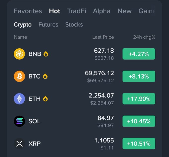 A cryptocurrency market listing on a dark background displaying major coins like BNB, BTC, ETH, SOL, and XRP with positive 24-hour percentage changes in green.