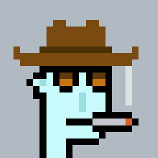 A pixel art illustration of a light blue character wearing a brown cowboy hat and smoking a cigarette. The character has an orange eye and is shown against a solid blue-gray background.