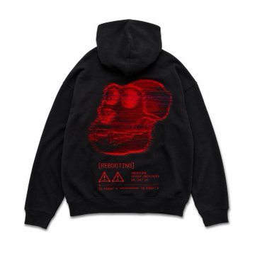 A black hoodie displayed on a mannequin features a red graphic of a cartoon bear with a skull and the word '[REBOOTING]' along with a warning label design.