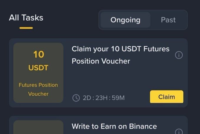 A cryptocurrency exchange task interface showing an ongoing task to 'Claim your 10 USDT Futures Position Voucher' with a yellow 'Claim' button.