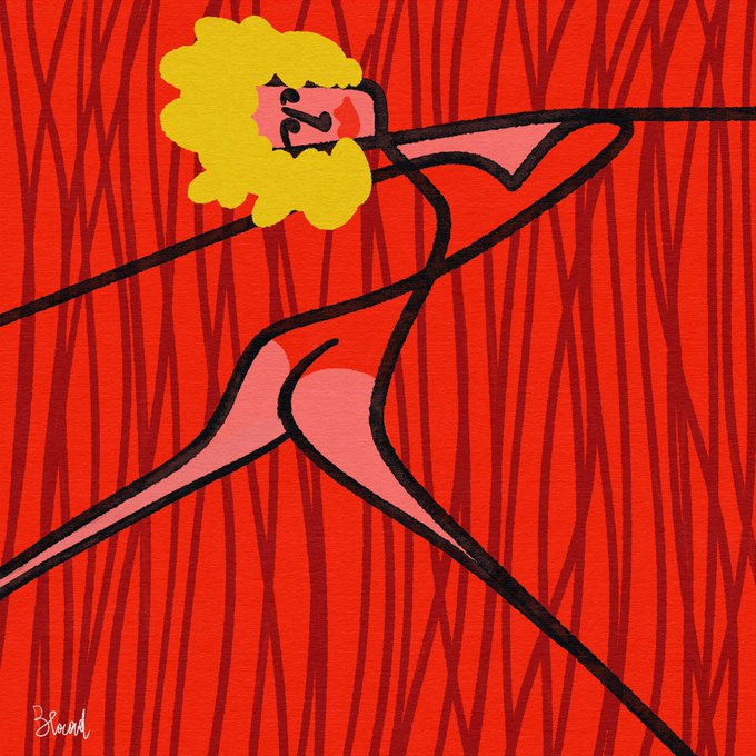 Stylized pop-art illustration of a blonde figure in pink lingerie posing against a red striped background, signed 'Blaud' in the corner.