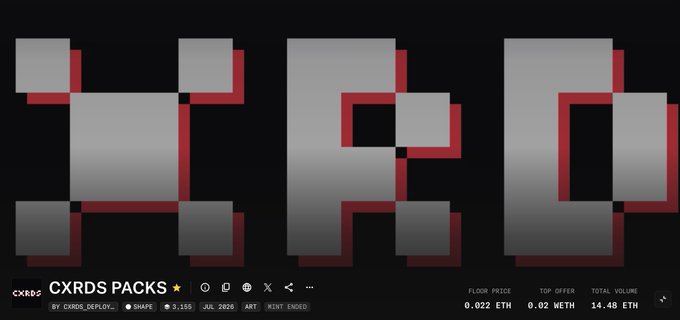 Promotional graphic for 'CXRDS PACKS' NFT collection on CXRDS, showing a pixel-art 'XRD' logo with floor price 0.022 ETH, top offer 0.02 ETH, and total volume 14.48 ETH.