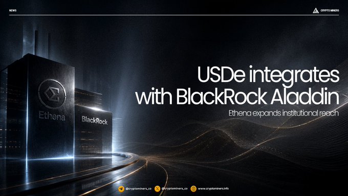 The image displays a promotional graphic announcing the integration of USDe with BlackRock's Aladdin by Ethena. The scene is set in a futuristic environment, symbolizing cutting-edge technology, emphasizing the forward-thinking nature of the collaboration. The text on the graphic reads "USDe integrates with BlackRock Aladdin Ethena expands institutional reach," highlighting the expansion of Ethena's institutional impact through this partnership.